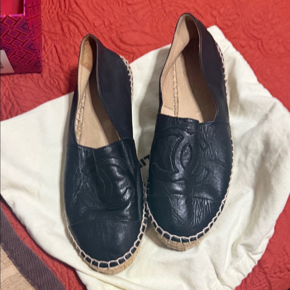 CHANEL Black Leather Espadrilles